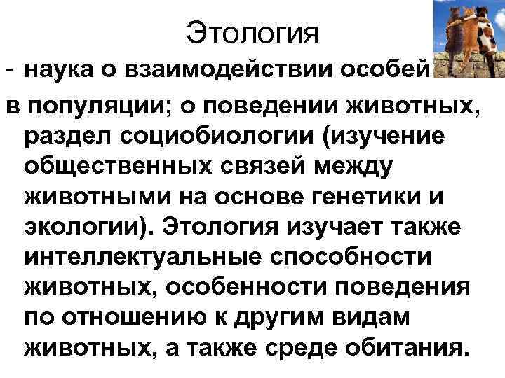 Этология - наука о взаимодействии особей в популяции; о поведении животных, Этология - наука о взаимодействии особей в популяции; о поведении животных,