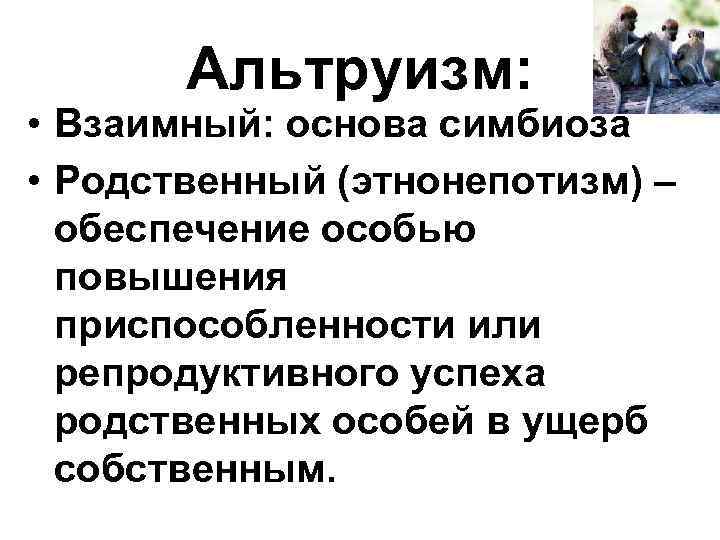Альтруизм: • Взаимный: основа симбиоза • Родственный (этнонепотизм) – обеспечение Альтруизм: • Взаимный: основа симбиоза • Родственный (этнонепотизм) – обеспечение