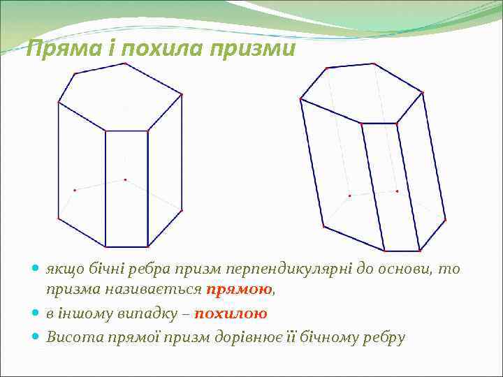 Пряма і похила призми  якщо бічні ребра призм перпендикулярні до основи, то 