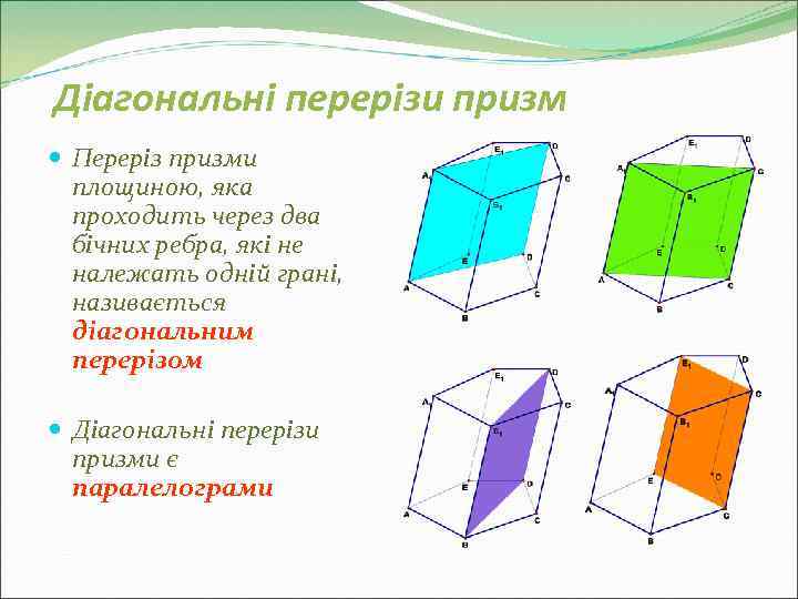 Діагональні перерізи призм  Переріз призми  площиною, яка  проходить через два 