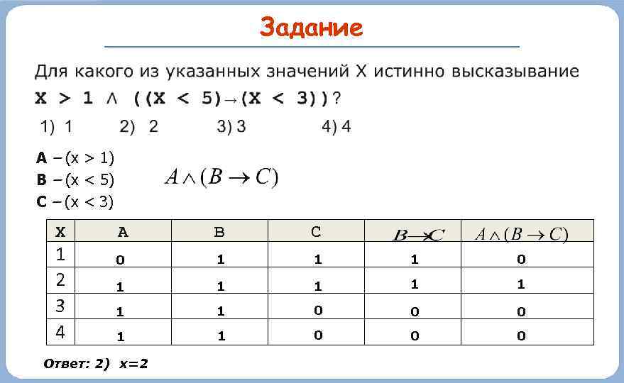     Задание  А – (x > 1) В – (x