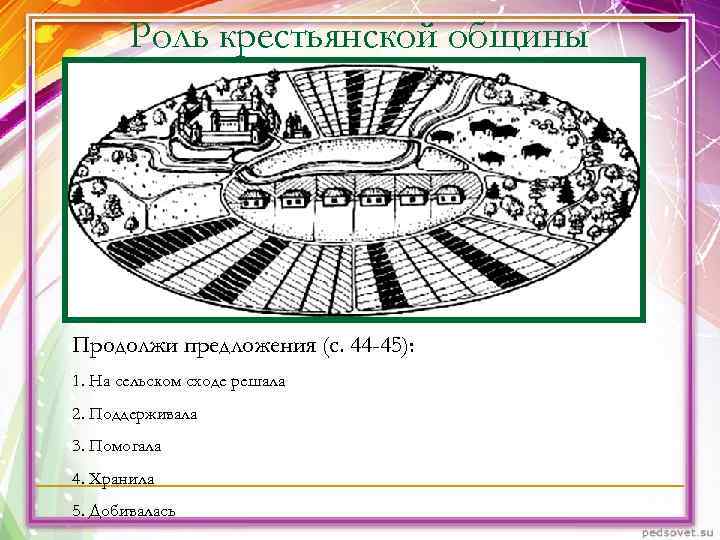 Роль крестьянской общины Продолжи предложения (с. 44 -45): 1. На сельском сходе Роль крестьянской общины Продолжи предложения (с. 44 -45): 1. На сельском сходе