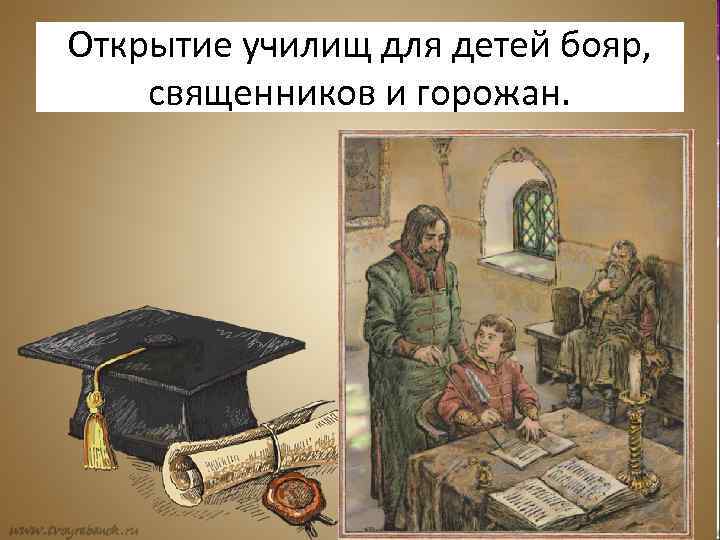 Открытие училищ для детей бояр, священников и горожан. Открытие училищ для детей бояр, священников и горожан.