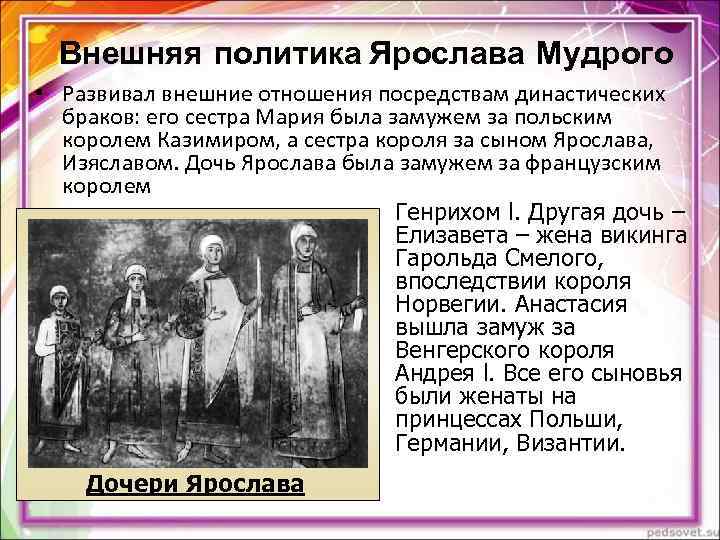 Внешняя политика Ярослава Мудрого • Развивал внешние отношения посредствам династических браков: его Внешняя политика Ярослава Мудрого • Развивал внешние отношения посредствам династических браков: его