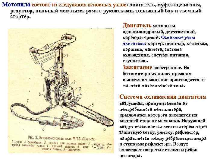 Мотопила состоит из следующих основных узлов: двигатель, муфта сцепления,  редуктор, пильный механизм, рама