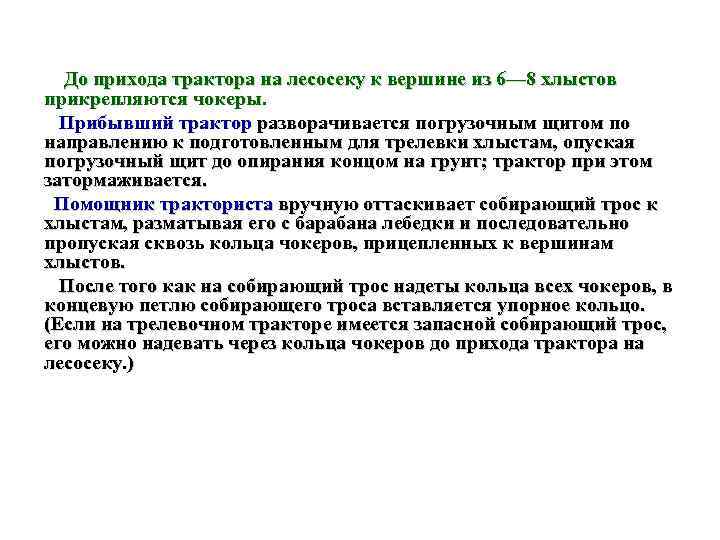  До прихода трактора на лесосеку к вершине из 6— 8 хлыстов прикрепляются чокеры.