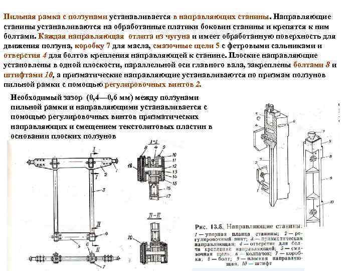Пильная рамка с ползунами устанавливается в направляющих станины. Направляющие станины устанавливаются на обработанные платики