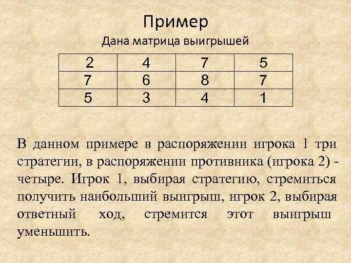     Пример    Дана матрица выигрышей  2 