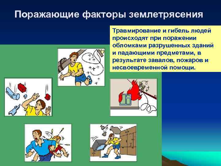 Поражающие факторы землетрясения   Травмирование и гибель людей   происходят при поражении
