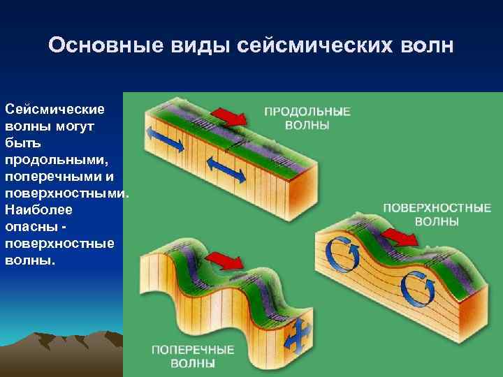  Основные виды сейсмических волн Сейсмические волны могут быть продольными, поперечными и поверхностными. Наиболее