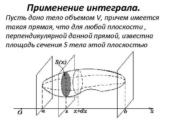  Применение интеграла. Пусть дано тело объемом V, причем имеется такая прямая, что для