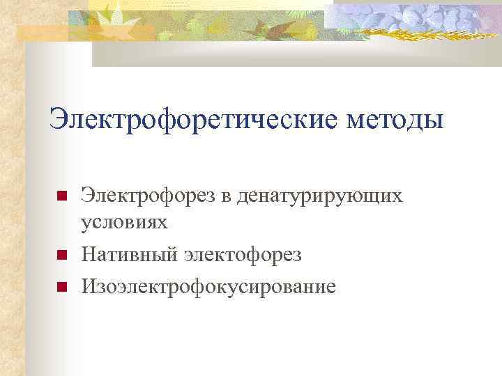 Электрофоретические методы Электрофорез в денатурирующих условиях Нативный электофорез Изоэлектрофокусирование 