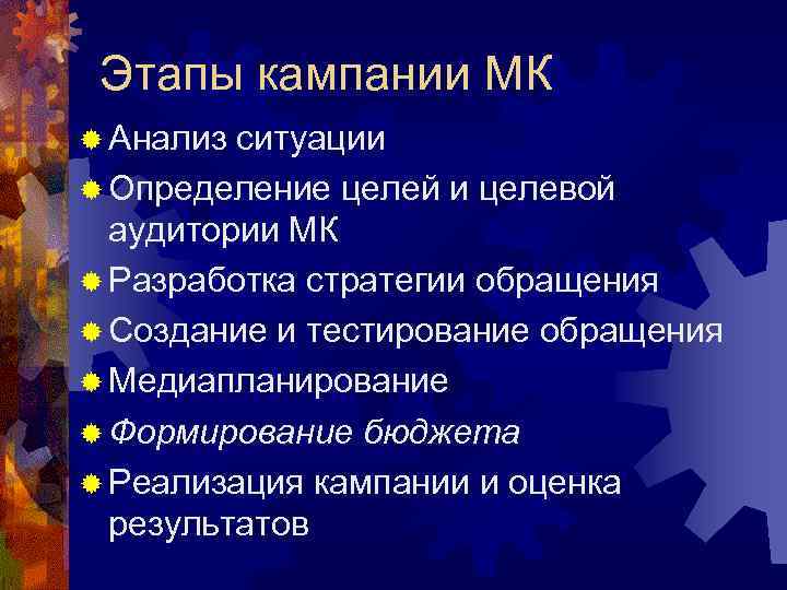  Этапы кампании МК ® Анализ ситуации ® Определение целей и целевой  аудитории