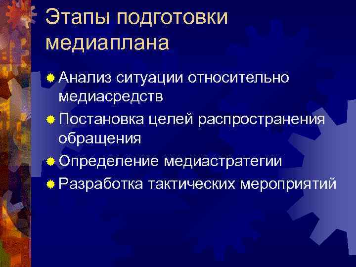 Этапы подготовки медиаплана ® Анализ ситуации относительно  медиасредств ® Постановка целей распространения 