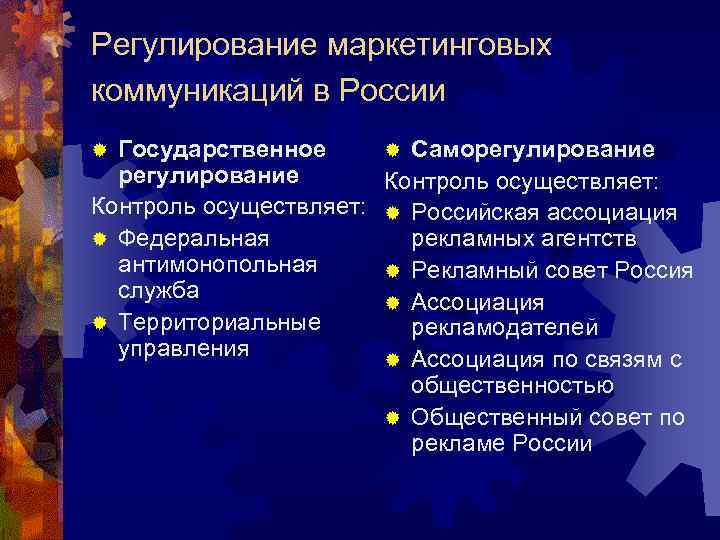 Регулирование маркетинговых коммуникаций в России ® Государственное  ® Саморегулирование   Контроль осуществляет:
