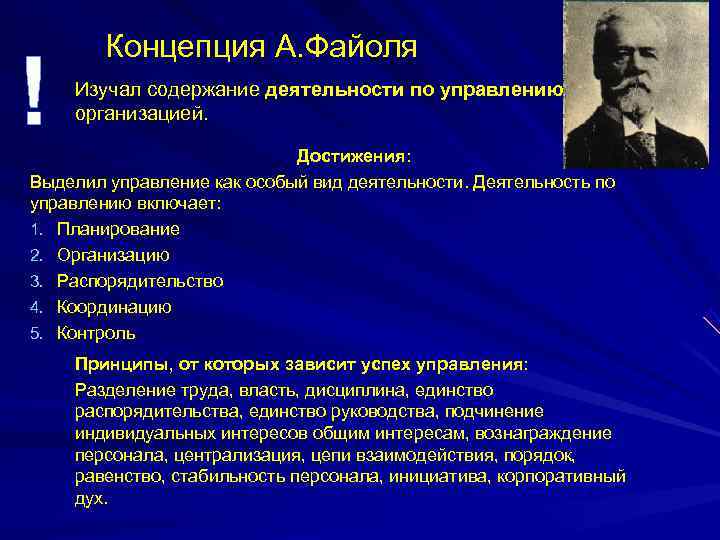   Концепция А. Файоля !  Изучал содержание деятельности по управлению организацией. 