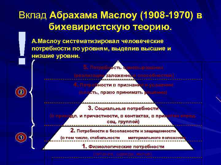 Вклад Абрахама Маслоу (1908 -1970) в  бихевиристскую теорию.  !  А. Маслоу