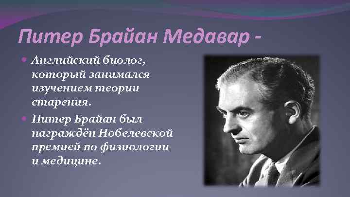 Питер Брайан Медавар -  Английский биолог,  который занимался  изучением теории 