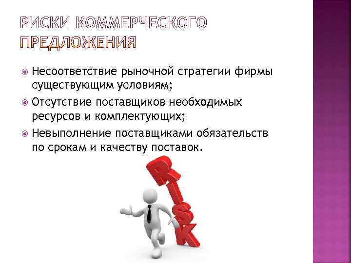  Несоответствие рыночной стратегии фирмы  существующим условиям;  Отсутствие поставщиков необходимых  ресурсов