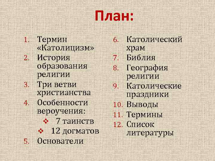     План: 1.  Термин   6. Католический  «Католицизм»