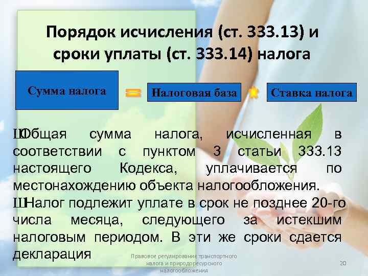  Порядок исчисления (ст. 333. 13) и  сроки уплаты (ст. 333. 14) налога