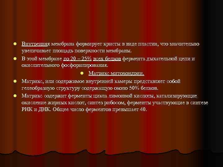 l  Внутренняя мембрана формирует кристы в виде пластин, что значительно увеличивает площадь поверхности