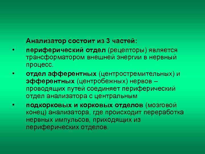   Анализатор состоит из 3 частей:  •  периферический отдел (рецепторы) является