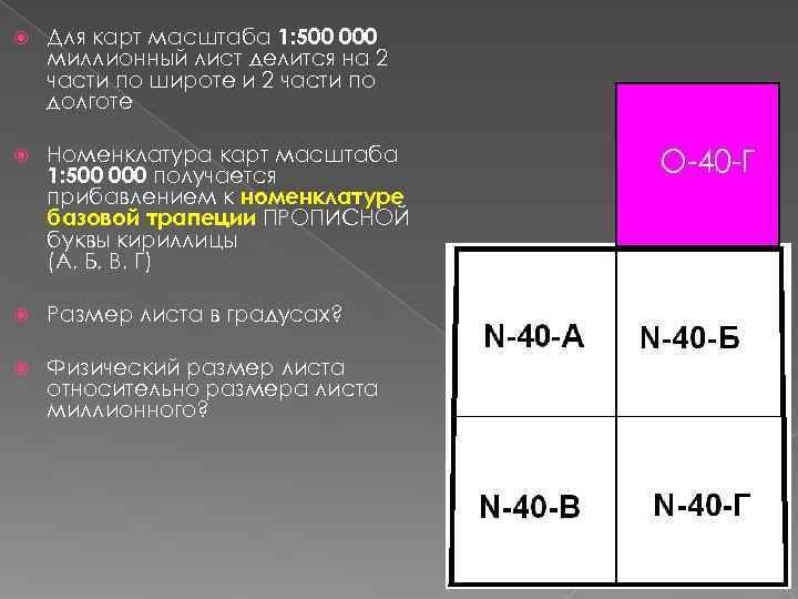 Для карт масштаба 1: 500 000 миллионный лист делится на 2 части Для карт масштаба 1: 500 000 миллионный лист делится на 2 части