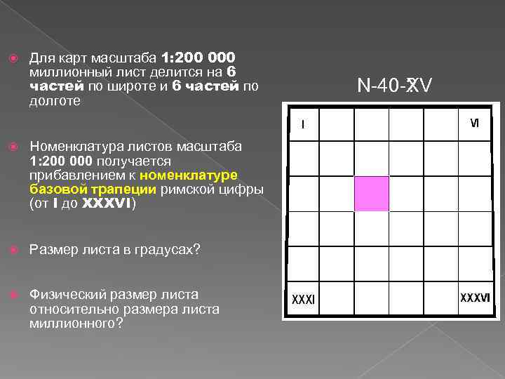 Для карт масштаба 1: 200 000 миллионный лист делится на 6 частей Для карт масштаба 1: 200 000 миллионный лист делится на 6 частей