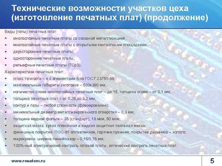   Технические возможности участков цеха  (изготовление печатных плат) (продолжение) Виды (типы) печатных