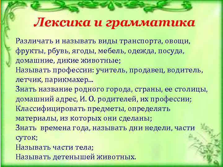      Лексика и грамматика Различать и называть виды транспорта, овощи,