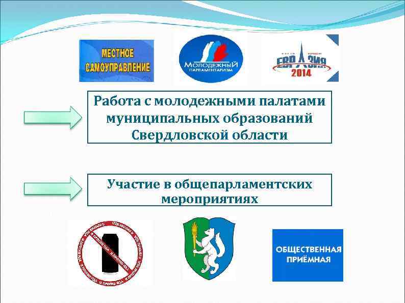 Работа с молодежными палатами  муниципальных образований Свердловской области  Участие в общепарламентских 