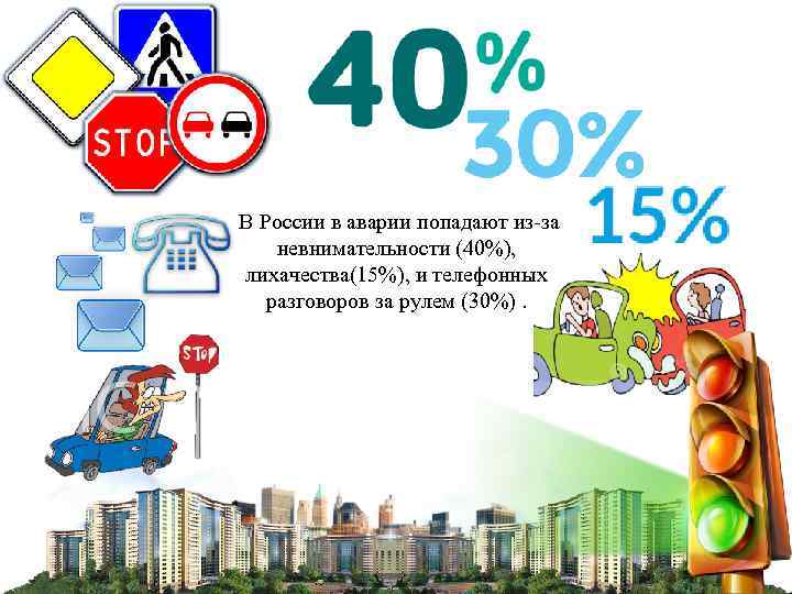  В России в аварии попадают из-за  невнимательности (40%),  лихачества(15%), и телефонных