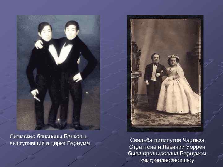 Сиамские близнецы Банкеры,       Свадьба лилипутов Чарльза выступавшие в