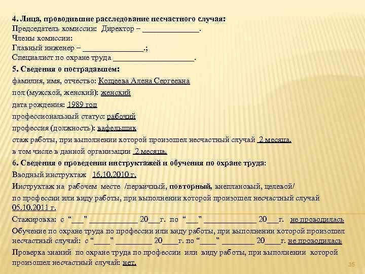 4. Лица, проводившие расследование несчастного случая:  Председатель комиссии:  Директор – _______. Члены