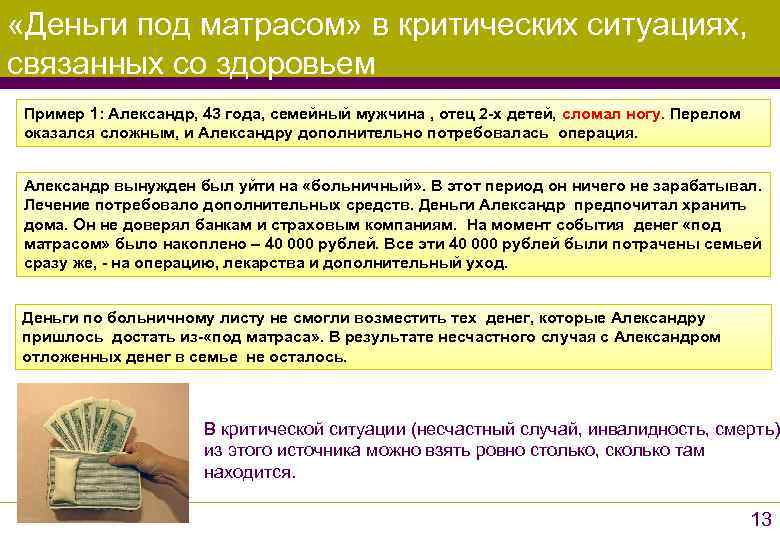  «Деньги под матрасом» в критических ситуациях, связанных со здоровьем Пример 1: Александр, 43