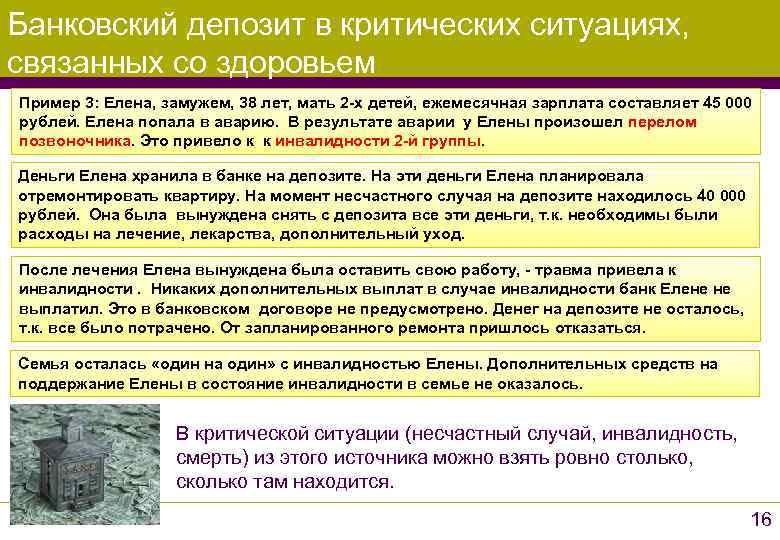 Банковский депозит в критических ситуациях, связанных со здоровьем Пример 3: Елена, замужем, 38 лет,