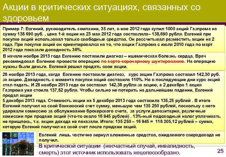 Акции в критических ситуациях, связанных со здоровьем Пример 7: Евгений, руководитель компании, 35 лет,