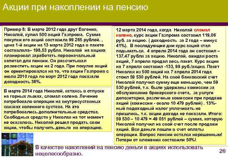Акции при накоплении на пенсию Пример 8: В марте 2012 года друг Евгения, 