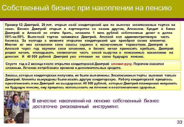 Собственный бизнес при накоплении на пенсию Пример 12: Дмитрий, 29 лет, открыл свой кондитерский