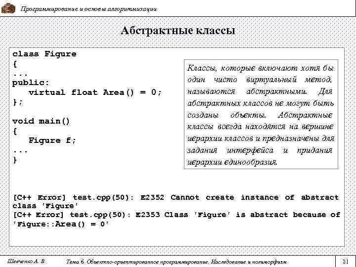   Программирование и основы алгоритмизации    Абстрактные классы class Figure {