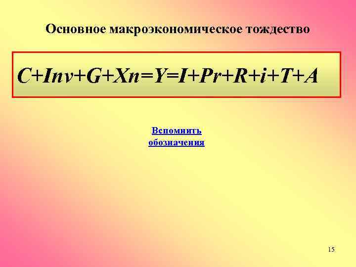  Основное макроэкономическое тождество  C+Inv+G+Xn=Y=I+Pr+R+i+T+A    Вспомнить   обозначения 