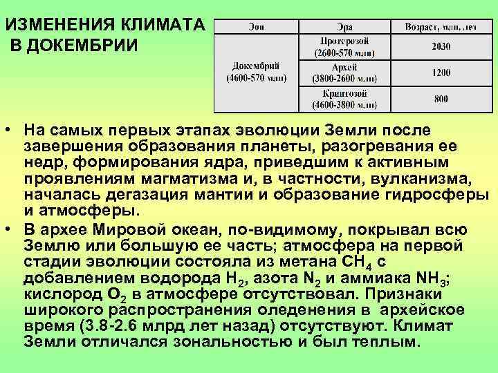 ИЗМЕНЕНИЯ КЛИМАТА В ДОКЕМБРИИ • На самых первых этапах эволюции Земли после  завершения
