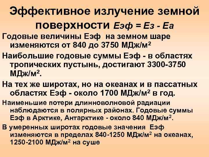  Эффективное излучение земной поверхности Еэф = Ез - Еа Годовые величины Еэф на