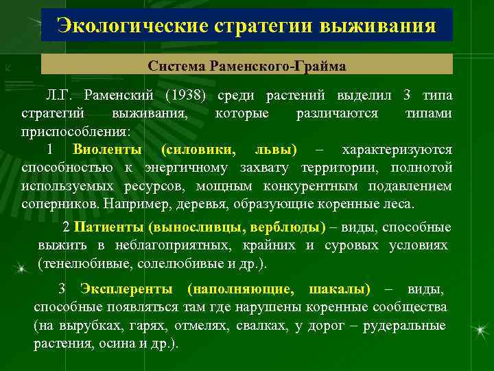  Экологические стратегии выживания    Система Раменского-Грайма Л. Г.  Раменский (1938)