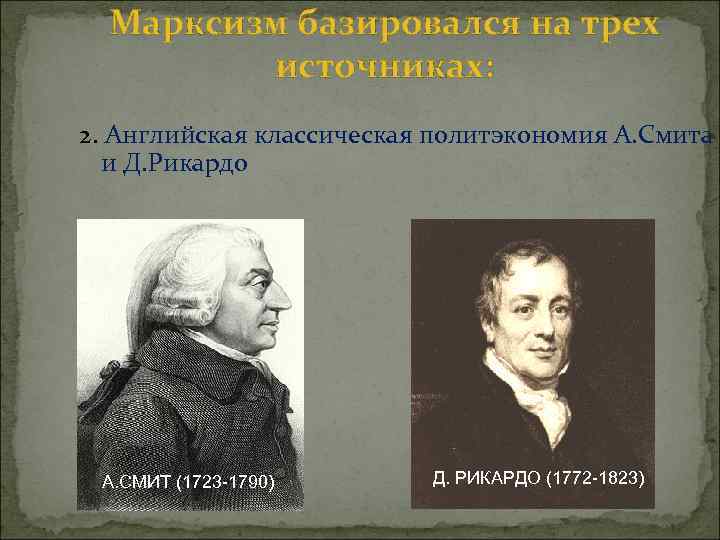  Марксизм базировался на трех   источниках: 2. Английская классическая политэкономия А. Смита