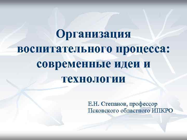  Организация воспитательного процесса: современные идеи и  технологии  Е. Н. Степанов, профессор