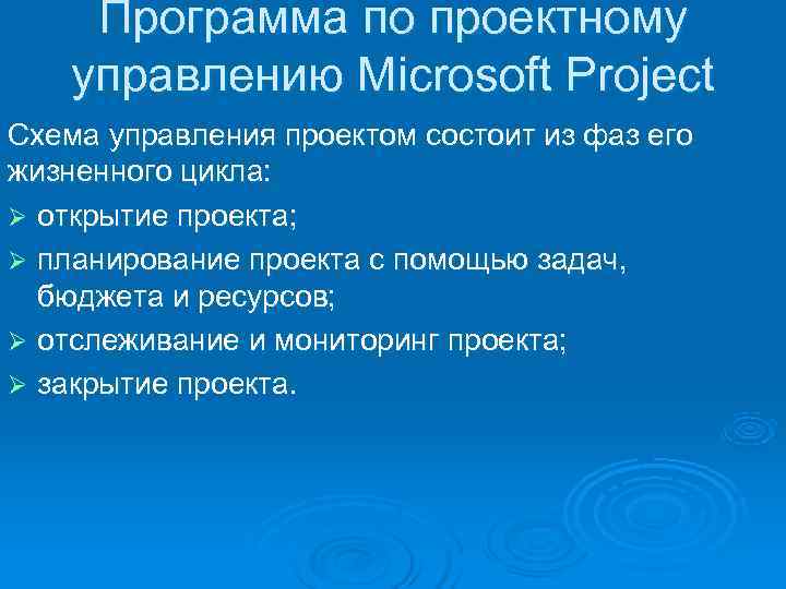  Программа по проектному управлению Microsoft Project Схема управления проектом состоит из фаз его