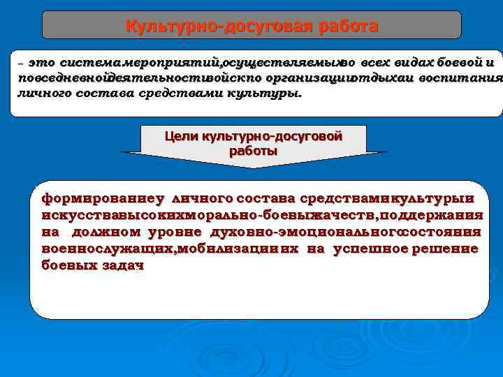    Культурно-досуговая работа –это система мероприятий, осуществляемых всех видах боевой и 