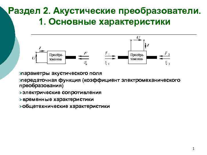 Раздел 2. Акустические преобразователи.  1. Основные характеристики    Преобра-  